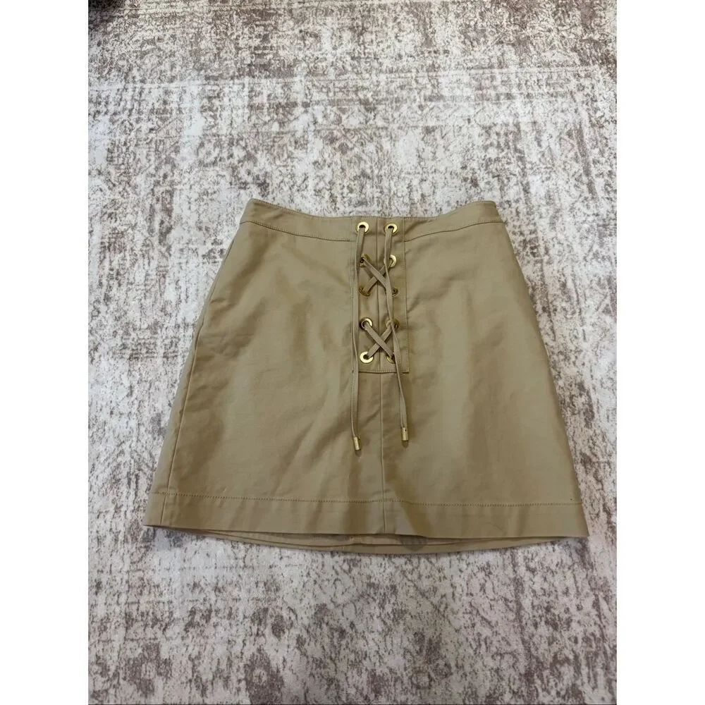 Michael Kors Women's Lace Up Front Stretch Lined Mini Skirt Khaki Size 4 NWOT